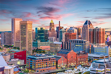 A skyline view of a city in Marlyand